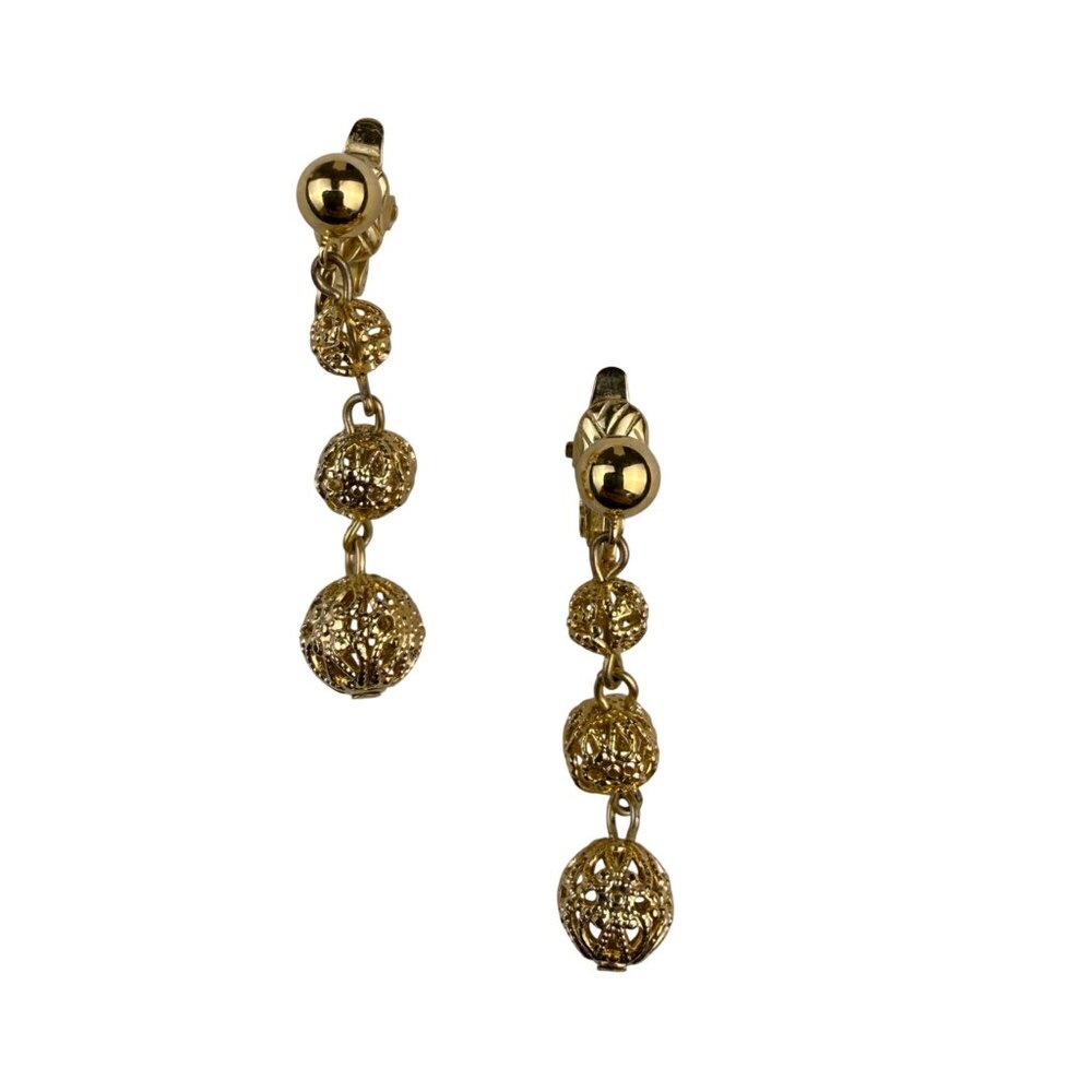Gold Tone Womens Clip-On Drop Earrings Textured Filigree Dangle Lightweight